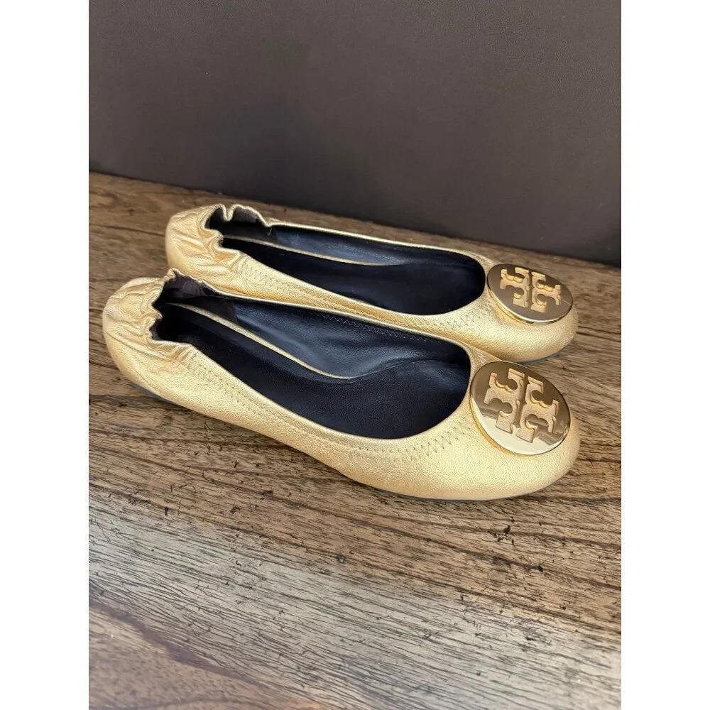 Tory Burch Reva Metallic Gold Tumbled Ballerina Flats